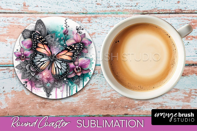 Butterfly Round Coaster Sublimation - Butterfly Coaster PNG Sublimation OrangeBrushStudio 