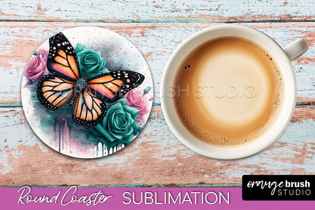 Butterfly Round Coaster Sublimation - Butterfly Coaster PNG Sublimation OrangeBrushStudio 