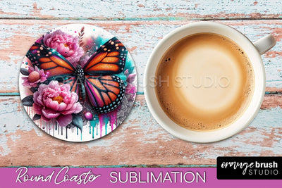 Butterfly Round Coaster Sublimation - Butterfly Coaster PNG Sublimation OrangeBrushStudio 