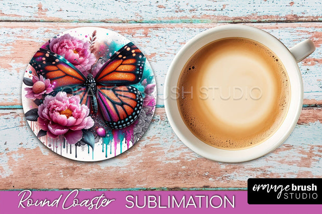 Butterfly Round Coaster Sublimation - Butterfly Coaster PNG Sublimation OrangeBrushStudio 