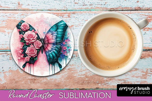 Butterfly Round Coaster Sublimation - Butterfly Coaster PNG Sublimation OrangeBrushStudio 