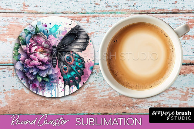 Butterfly Round Coaster Sublimation - Butterfly Coaster PNG Sublimation OrangeBrushStudio 