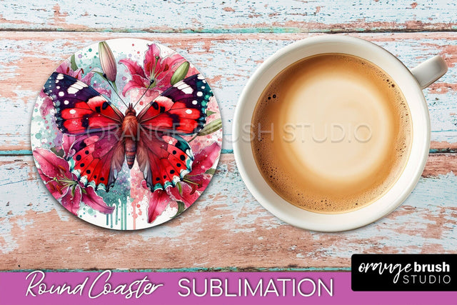 Butterfly Round Coaster Sublimation - Butterfly Coaster PNG Sublimation OrangeBrushStudio 