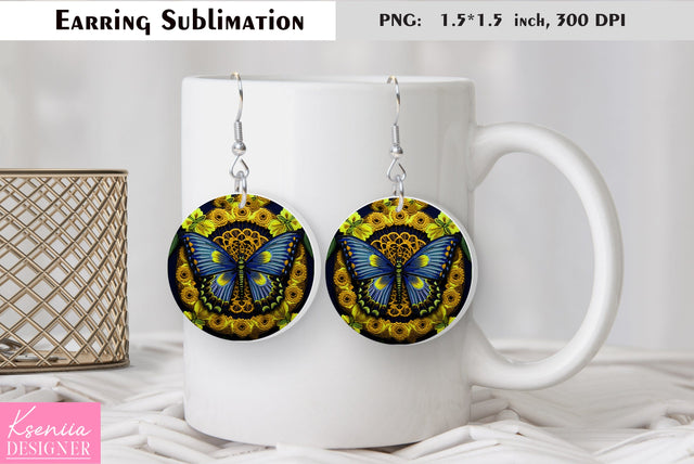 Butterfly round earring sublimation. Summer earring design Sublimation Kseniia designer 