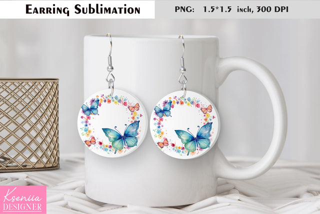 Butterfly round earring sublimation. Summer earring design Sublimation Kseniia designer 