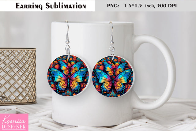 Butterfly round earring sublimation. Summer earring design Sublimation Kseniia designer 