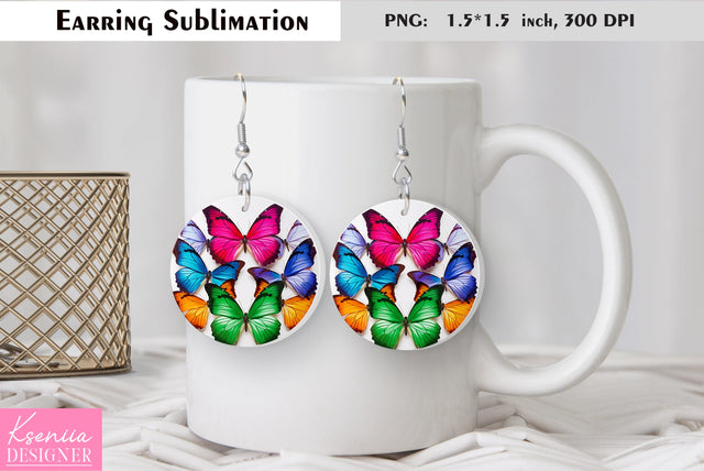 Butterfly round earring sublimation. Summer earring design Sublimation Kseniia designer 