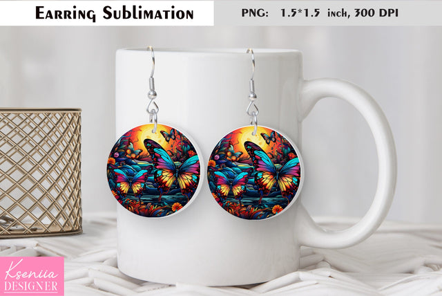 Butterfly round earring sublimation. Summer earring design Sublimation Kseniia designer 