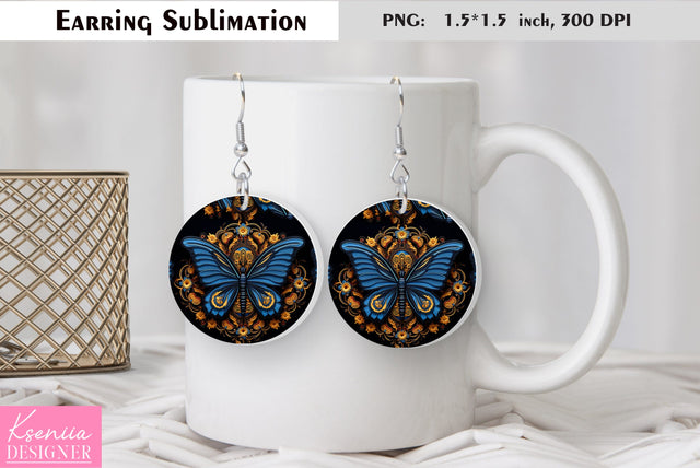 Butterfly round earring sublimation. Summer earring design Sublimation Kseniia designer 