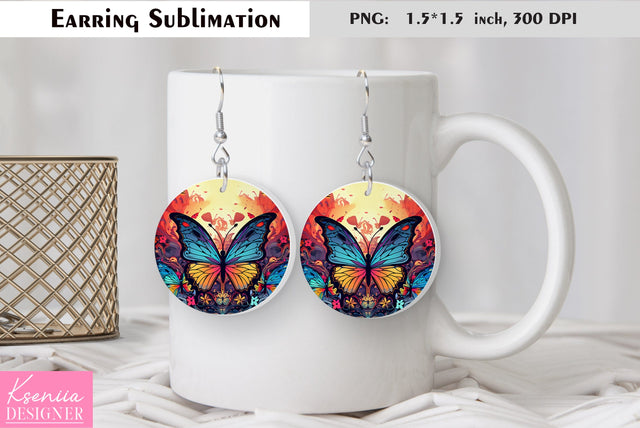 Butterfly round earring sublimation. Summer earring design Sublimation Kseniia designer 