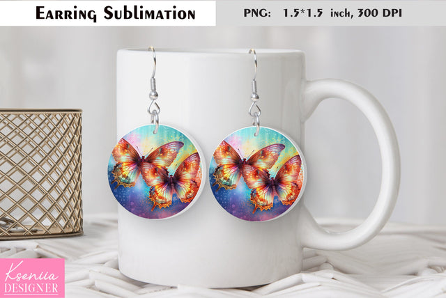 Butterfly round earring sublimation. Summer earring design Sublimation Kseniia designer 