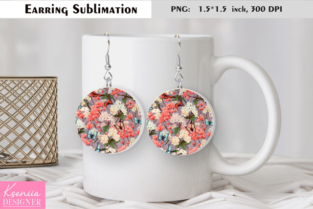 Butterfly round earring sublimation. Summer earring design Sublimation Kseniia designer 