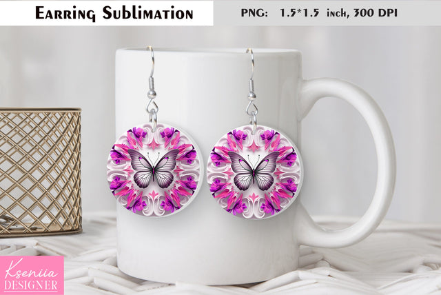 Butterfly round earring sublimation. Summer earring design Sublimation Kseniia designer 