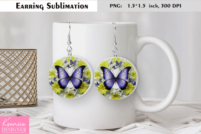Butterfly round earring sublimation. Summer earring design Sublimation Kseniia designer 