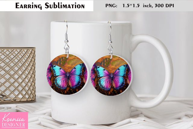 Butterfly round earring sublimation. Summer earring design Sublimation Kseniia designer 