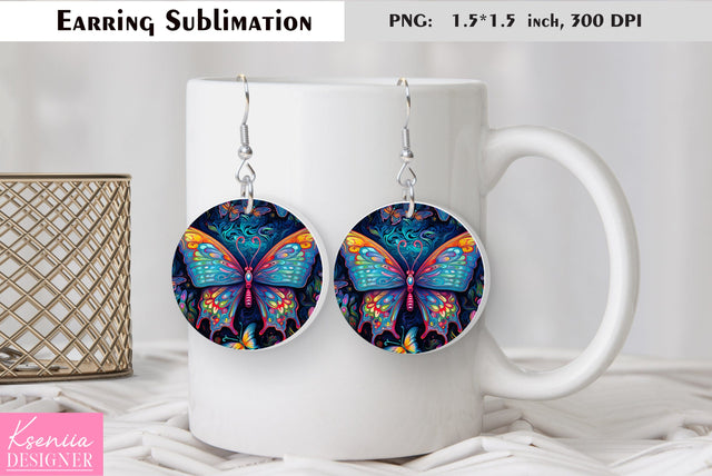 Butterfly round earring sublimation. Summer earring design Sublimation Kseniia designer 