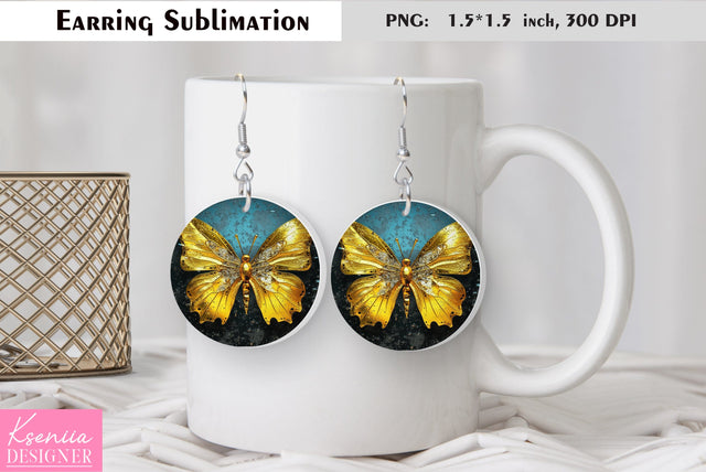 Butterfly round earring sublimation. Summer earring design Sublimation Kseniia designer 