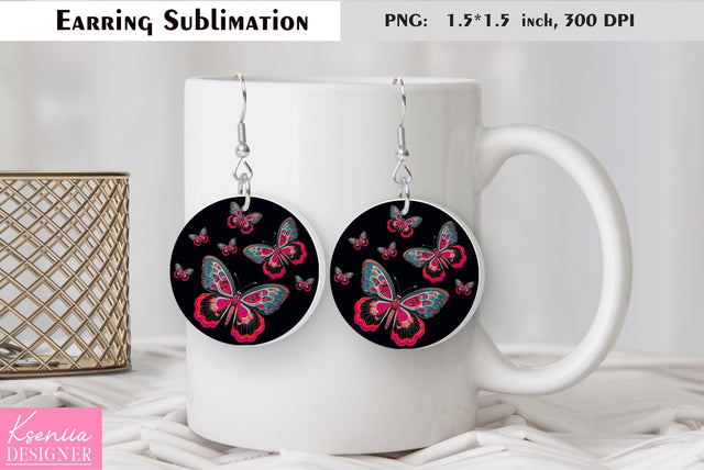 Butterfly round earring sublimation. Summer earring design Sublimation Kseniia designer 