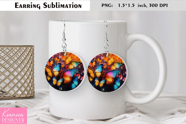 Butterfly round earring sublimation. Summer earring design Sublimation Kseniia designer 