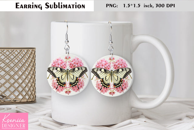Butterfly round earring sublimation. Summer earring design Sublimation Kseniia designer 