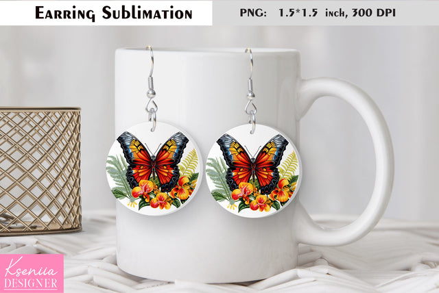 Butterfly round earring sublimation. Summer earring design Sublimation Kseniia designer 