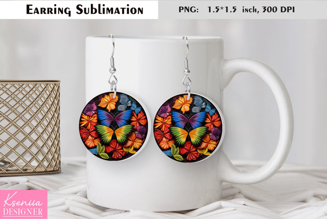 Butterfly round earring sublimation. Summer earring design Sublimation Kseniia designer 