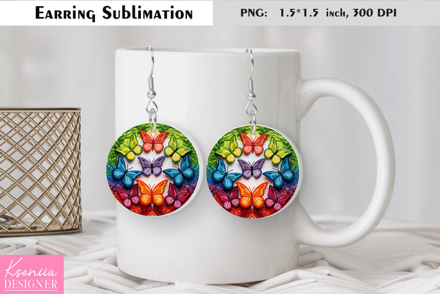 Butterfly round earring sublimation. Summer earring design Sublimation Kseniia designer 