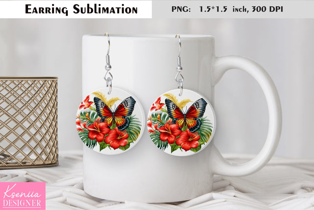 Butterfly round earring sublimation. Summer earring design Sublimation Kseniia designer 