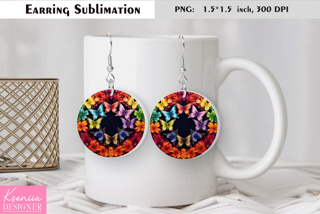 Butterfly round earring sublimation. Summer earring design Sublimation Kseniia designer 
