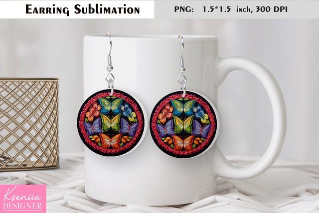 Butterfly round earring sublimation. Summer earring design Sublimation Kseniia designer 
