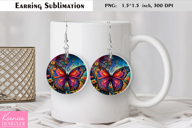 Butterfly round earring sublimation. Summer earring design Sublimation Kseniia designer 