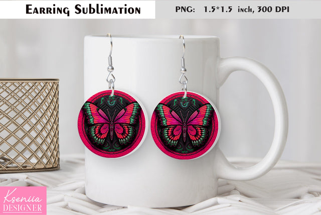 Butterfly round earring sublimation. Summer earring design Sublimation Kseniia designer 