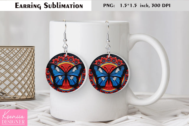 Butterfly round earring sublimation. Summer earring design Sublimation Kseniia designer 