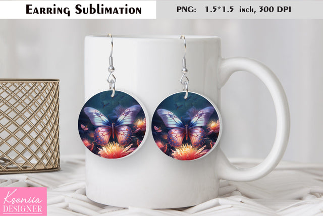 Butterfly round earring sublimation. Summer earring design Sublimation Kseniia designer 