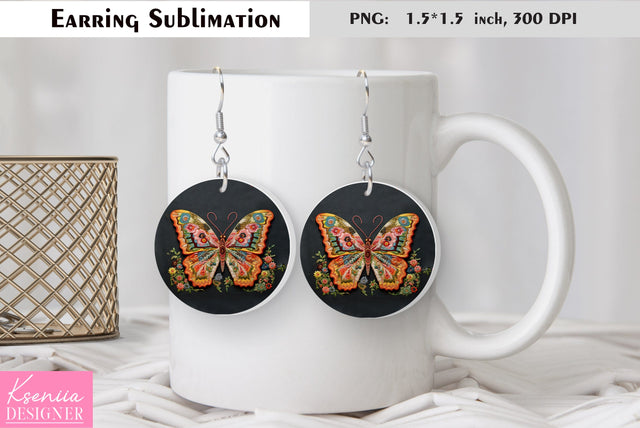 Butterfly round earring sublimation. Summer earring design Sublimation Kseniia designer 