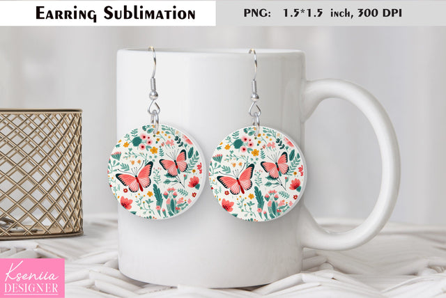 Butterfly round earring sublimation. Summer earring design Sublimation Kseniia designer 