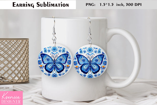 Butterfly round earring sublimation. Summer earring design Sublimation Kseniia designer 
