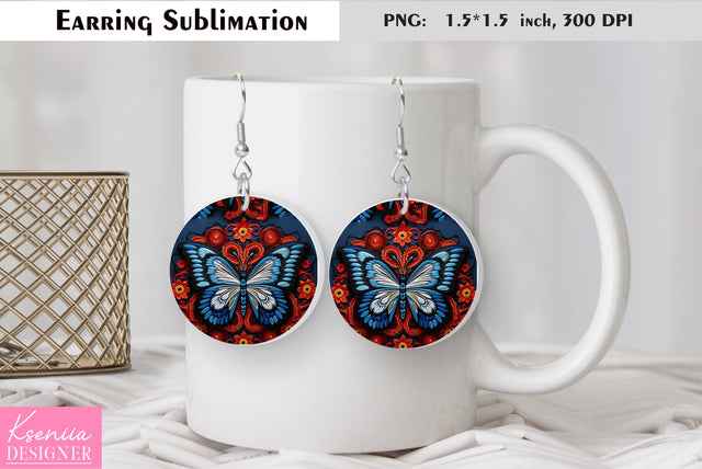 Butterfly round earring sublimation. Summer earring design Sublimation Kseniia designer 