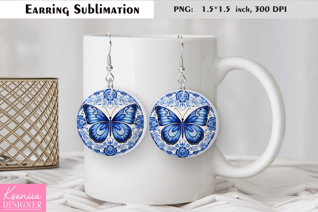Butterfly round earring sublimation. Summer earring design Sublimation Kseniia designer 