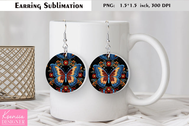 Butterfly round earring sublimation. Summer earring design Sublimation Kseniia designer 