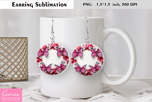 Butterfly round earring sublimation. Summer earring design Sublimation Kseniia designer 