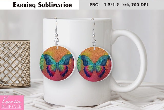 Butterfly round earring sublimation. Summer earring design Sublimation Kseniia designer 