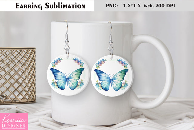 Butterfly round earring sublimation. Summer earring design Sublimation Kseniia designer 