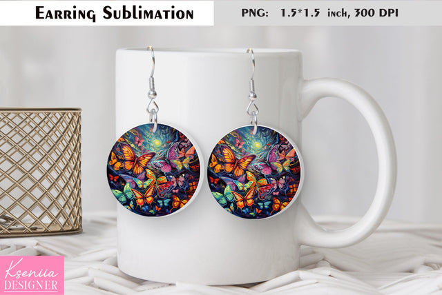 Butterfly round earring sublimation. Summer earring design Sublimation Kseniia designer 