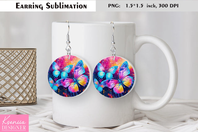 Butterfly round earring sublimation. Summer earring design Sublimation Kseniia designer 