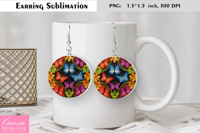 Butterfly round earring sublimation. Summer earring design Sublimation Kseniia designer 