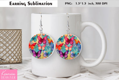 Butterfly round earring sublimation. Summer earring design Sublimation Kseniia designer 