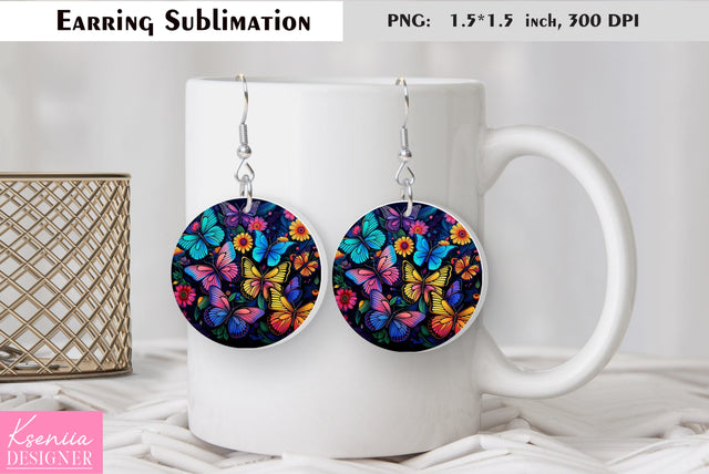 Butterfly round earring sublimation. Summer earring design Sublimation Kseniia designer 
