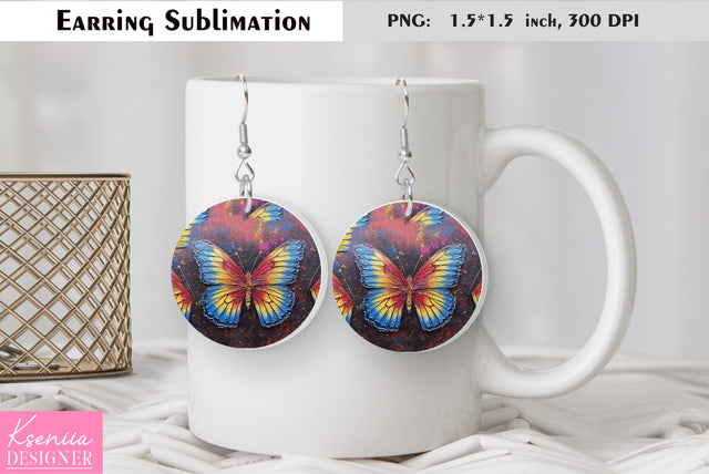 Butterfly round earring sublimation. Summer earring design Sublimation Kseniia designer 