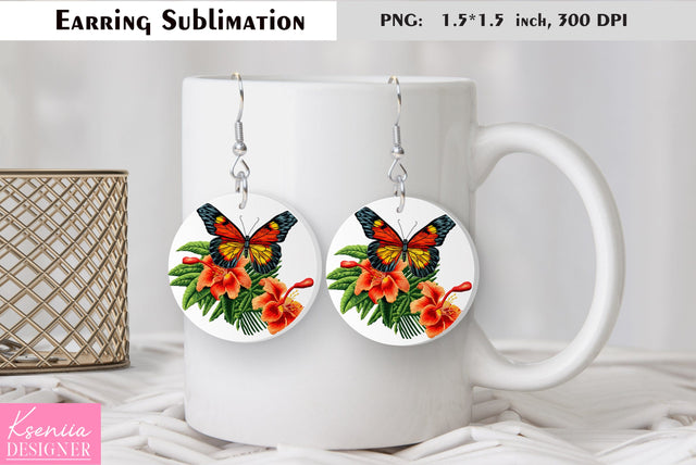 Butterfly round earring sublimation. Summer earring design Sublimation Kseniia designer 